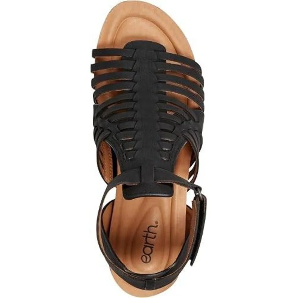 Earth Hattie Womens 8.5 Black Leather Wedge Sandal Strappy Comfort Shoe NWT